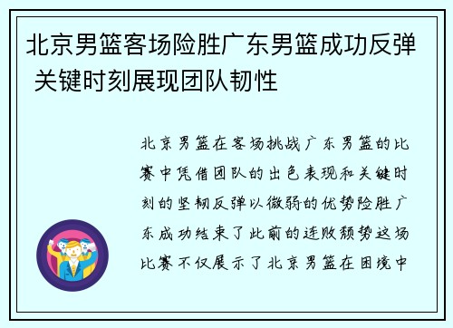 北京男篮客场险胜广东男篮成功反弹 关键时刻展现团队韧性