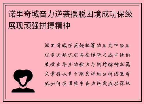 诺里奇城奋力逆袭摆脱困境成功保级展现顽强拼搏精神